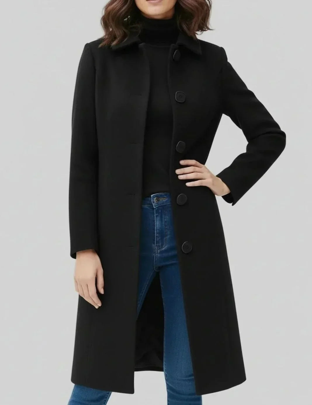 Pattern - Mid-Calf Coat with Shirt Collar and Front Button Closure
