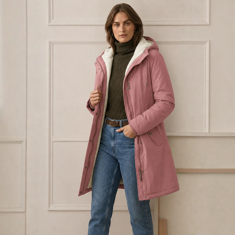 Parklen - Mid-Thigh Parka with Fixed Hood and Structured Waist