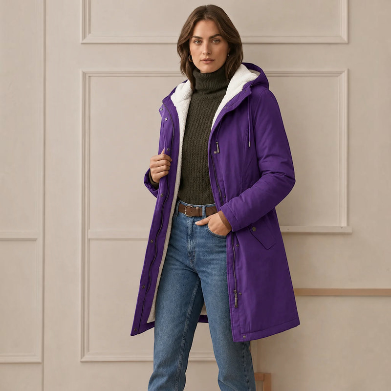 Parklen - Mid-Thigh Parka with Fixed Hood and Structured Waist