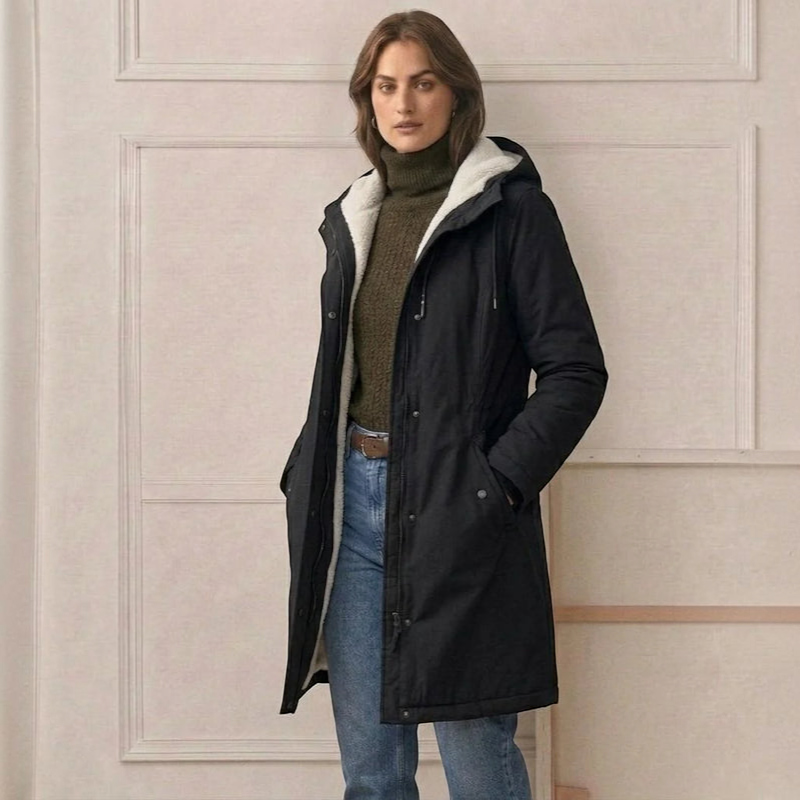 Parklen - Mid-Thigh Parka with Fixed Hood and Structured Waist