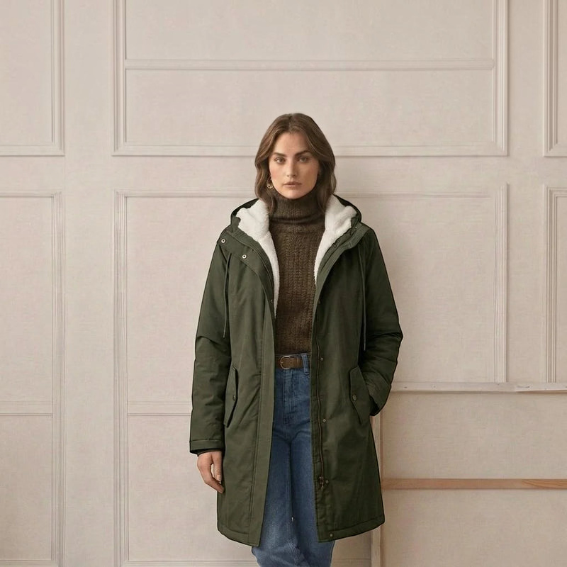 Parklen - Mid-Thigh Parka with Fixed Hood and Structured Waist