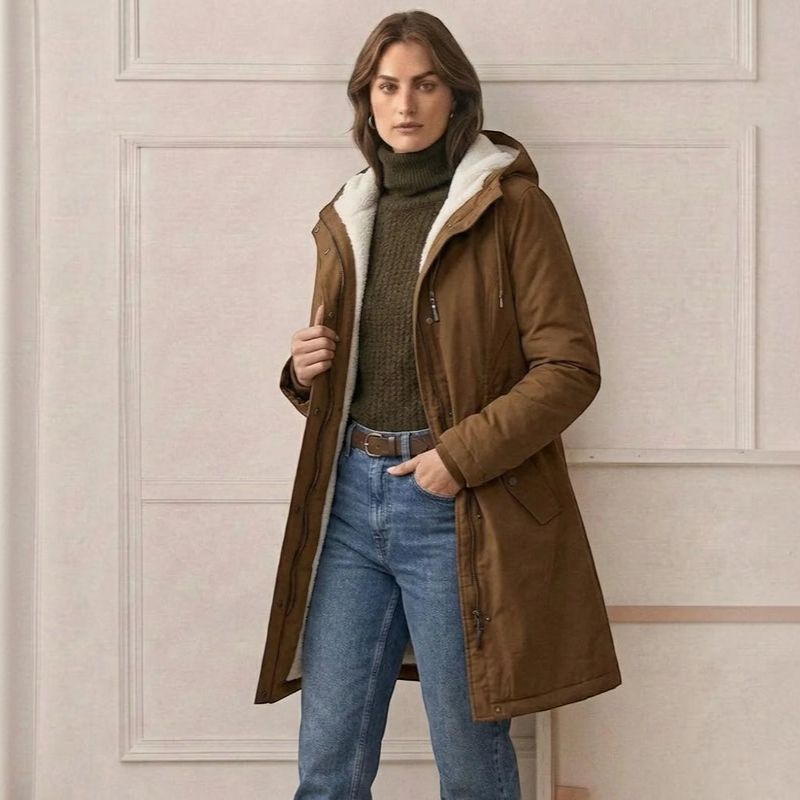 Parklen - Mid-Thigh Parka with Fixed Hood and Structured Waist