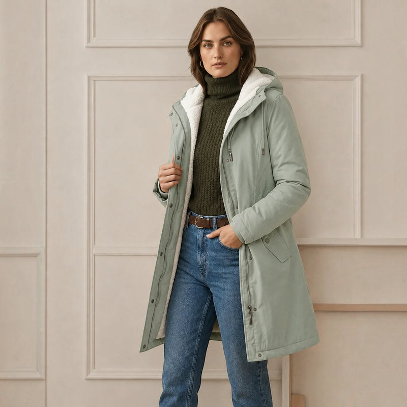 Parklen - Mid-Thigh Parka with Fixed Hood and Structured Waist