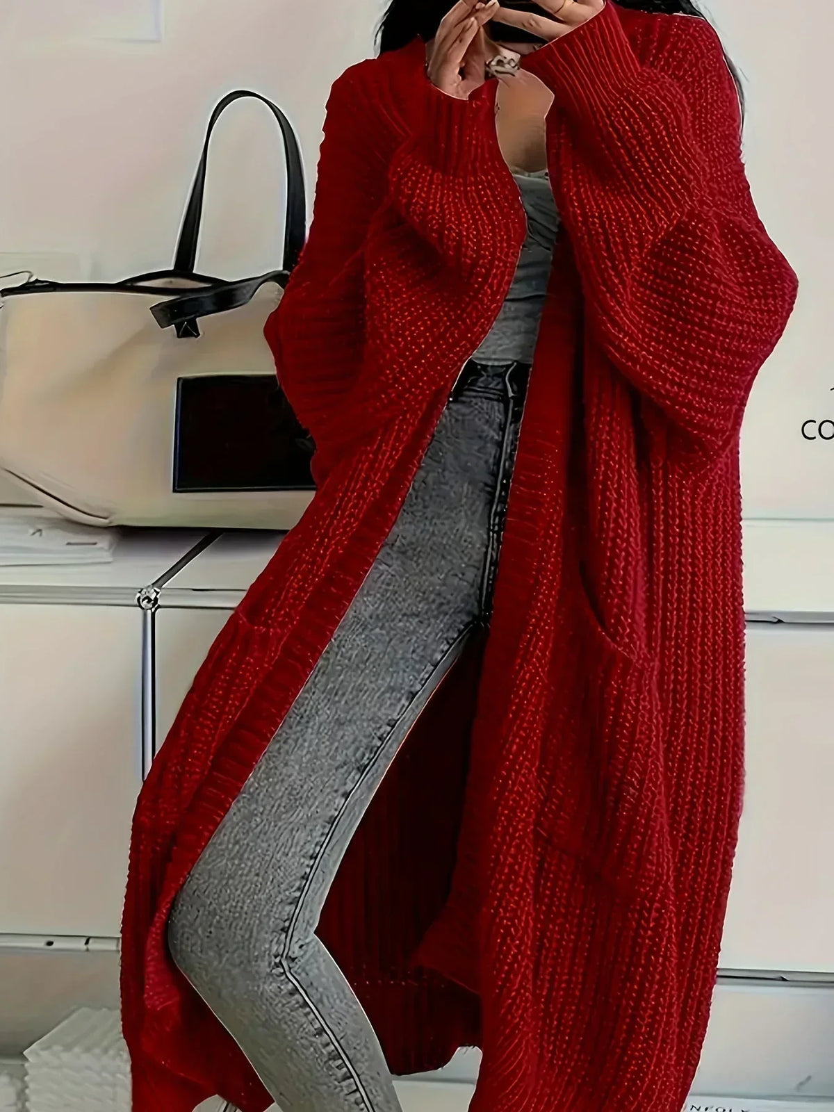 Yarn - Women's Long Cable Knit Cardigan with Round Neck
