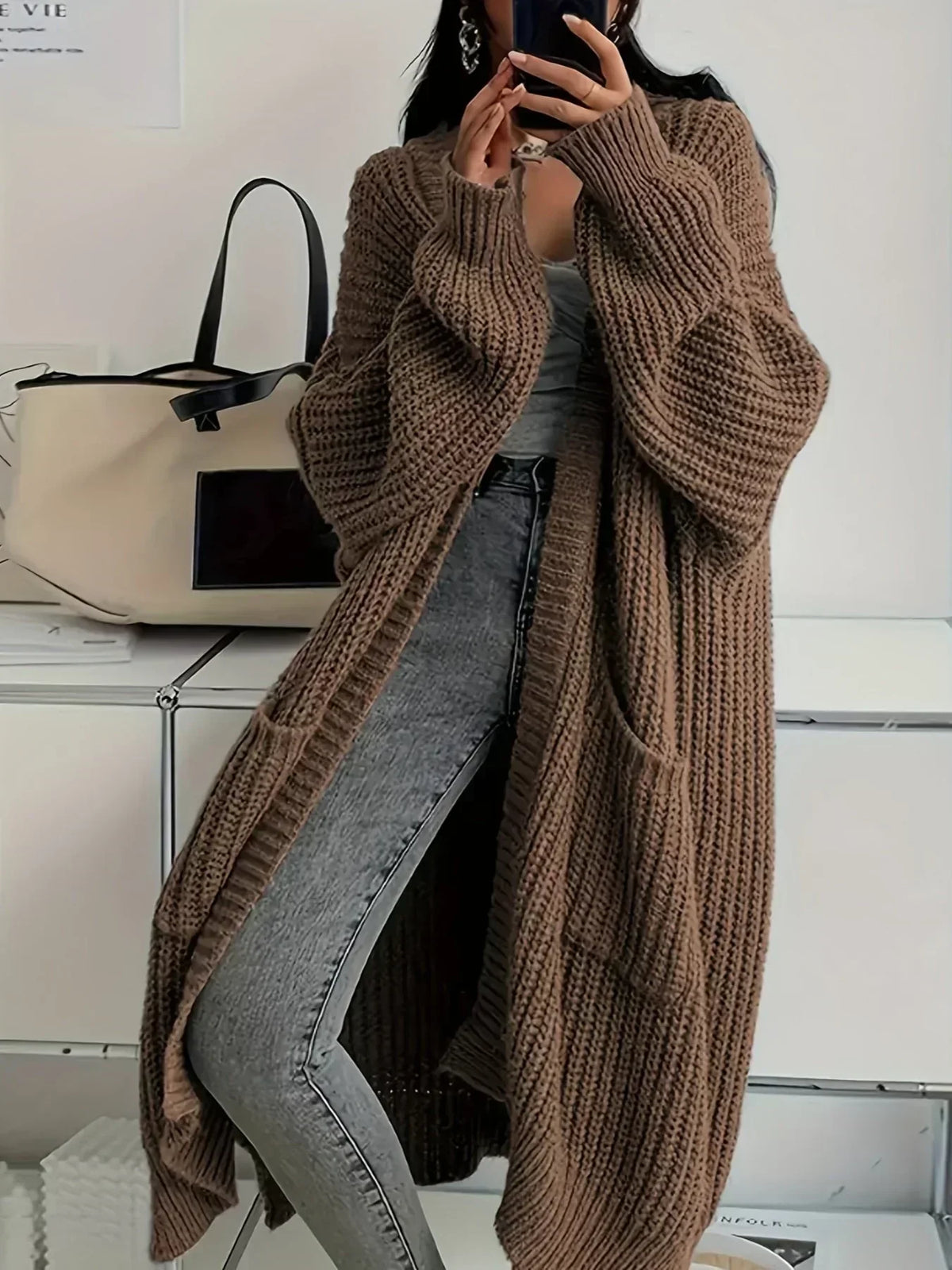 Yarn - Women's Long Cable Knit Cardigan with Round Neck