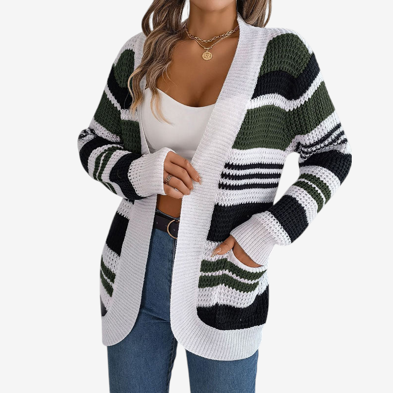 Knit - Open Cardigan with Multicolor Striped Pattern