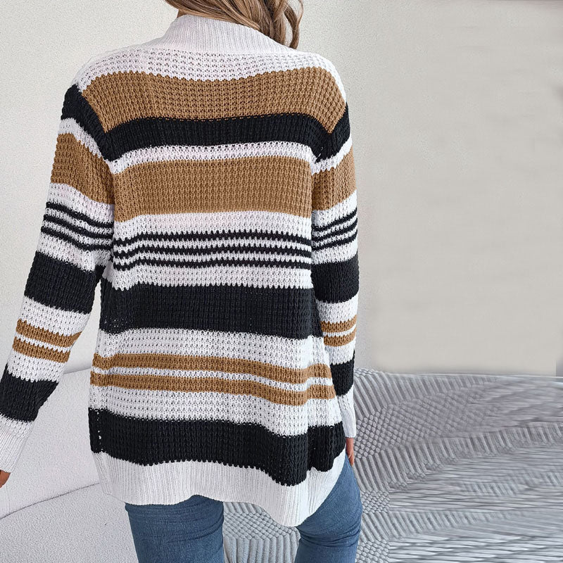 Knit - Open Cardigan with Multicolor Striped Pattern
