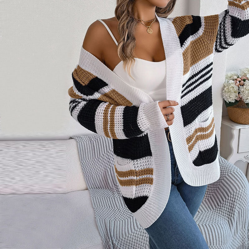 Knit - Open Cardigan with Multicolor Striped Pattern