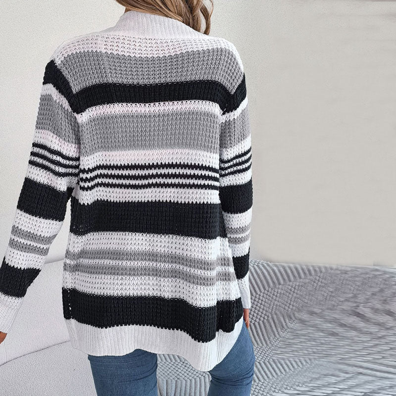 Knit - Open Cardigan with Multicolor Striped Pattern