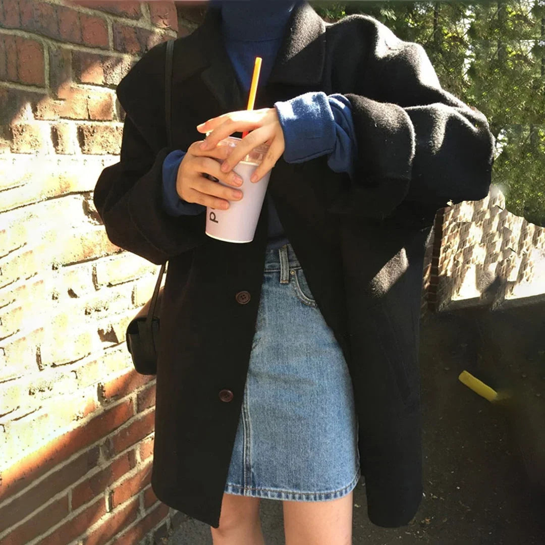 Folden - Long Jacket with Turn-Down Collar and Button Closure