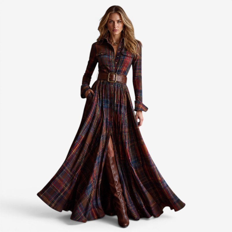 Women's Long Sleeve Button-Up Dress with Folded Collar