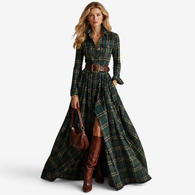 Women's Long Sleeve Button-Up Dress with Folded Collar