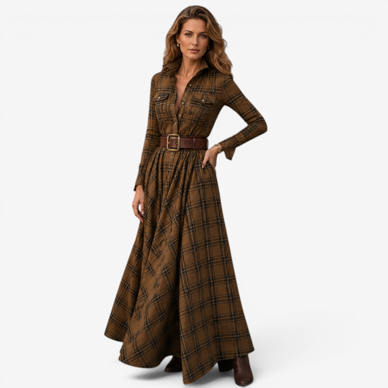 Women's Long Sleeve Button-Up Dress with Folded Collar