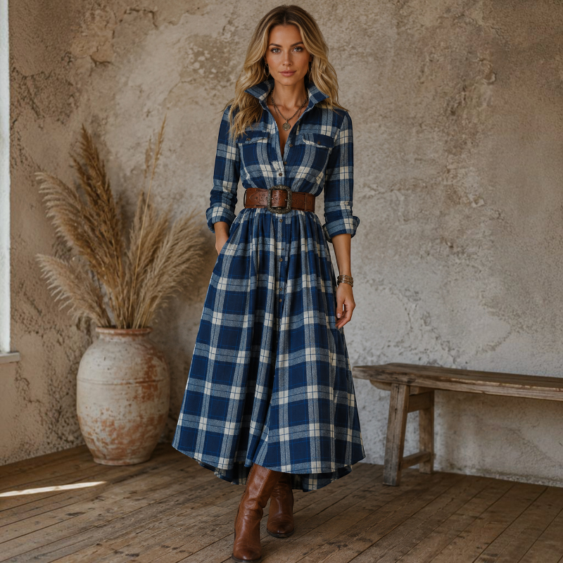 Women's Long Sleeve Button-Up Dress with Folded Collar