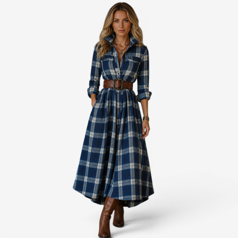 Women's Long Sleeve Button-Up Dress with Folded Collar