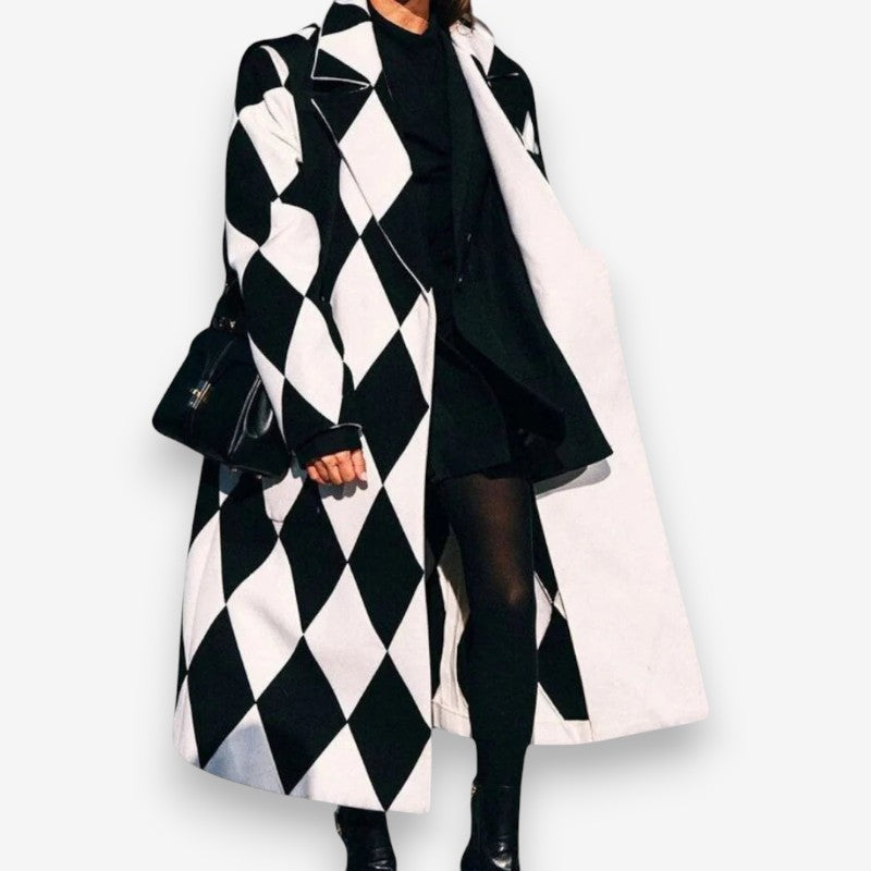 Olivia – Long Sleeve Coat with Down Collar and Printed Pattern Design