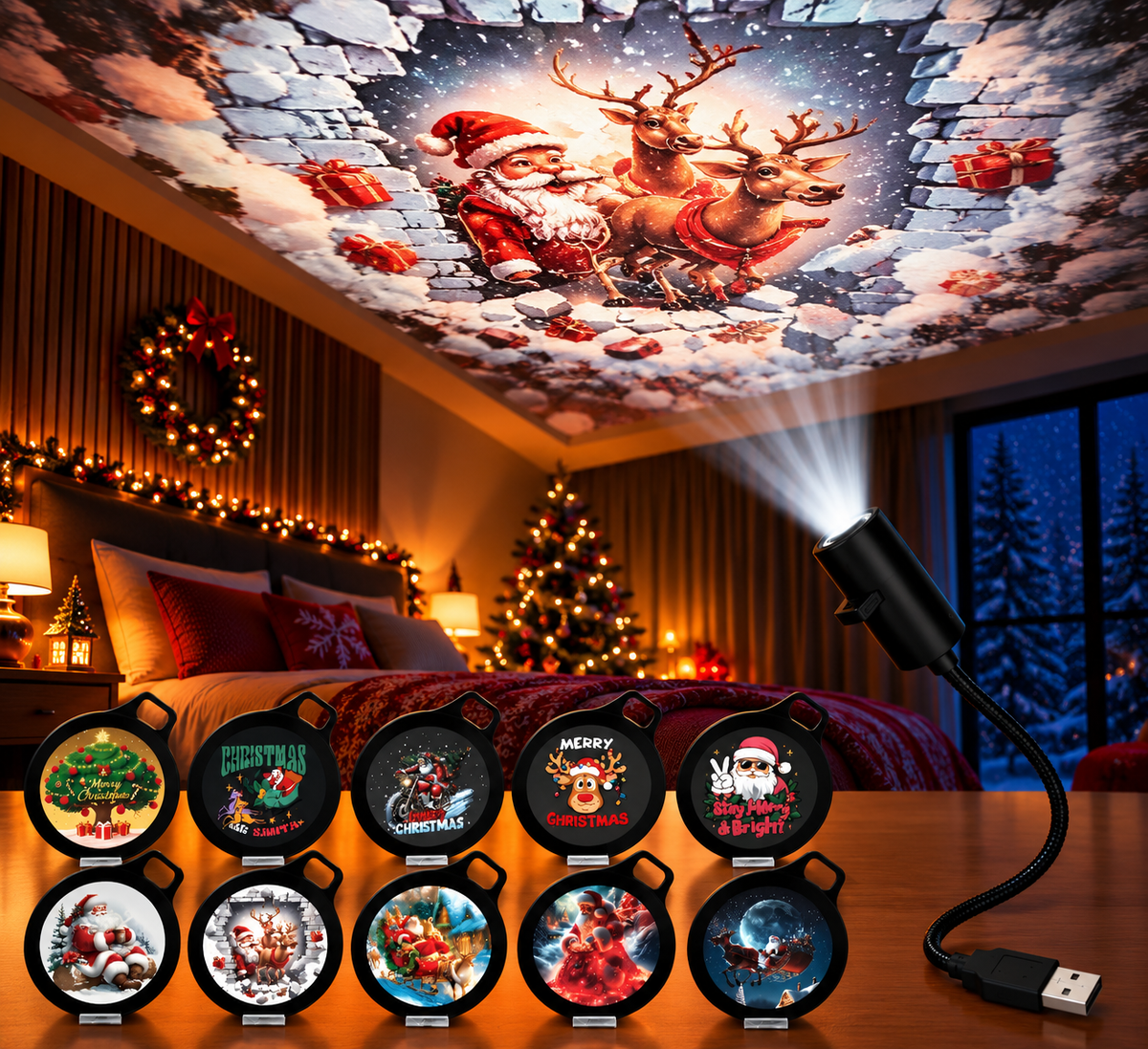 GlowMerry - USB LED Christmas Projector Lamp with Festive Patterns