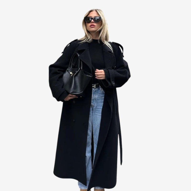 Ashley – Lange jas met riem reverskraag knoopsluiting en zakken Velani