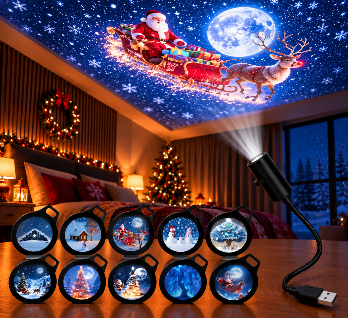GlowMerry - USB LED Christmas Projector Lamp with Festive Patterns