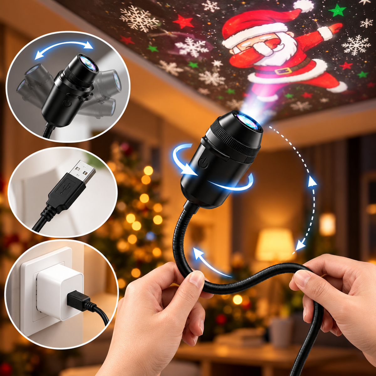 GlowMerry - USB LED Christmas Projector Lamp with Festive Patterns