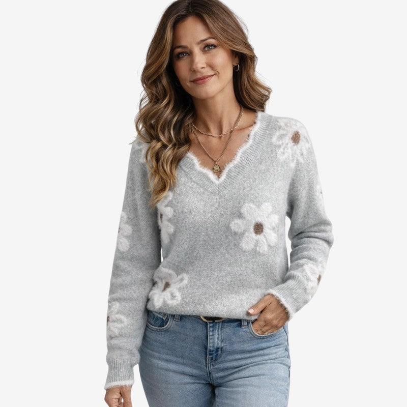 Women's V Neck Floral Embroidered Knit Sweater