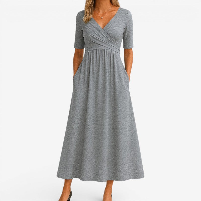Women’s V-Neck Midi Dress Short Sleeve with Side Pockets