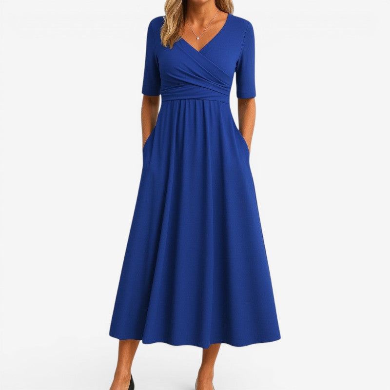 Women’s V-Neck Midi Dress Short Sleeve with Side Pockets