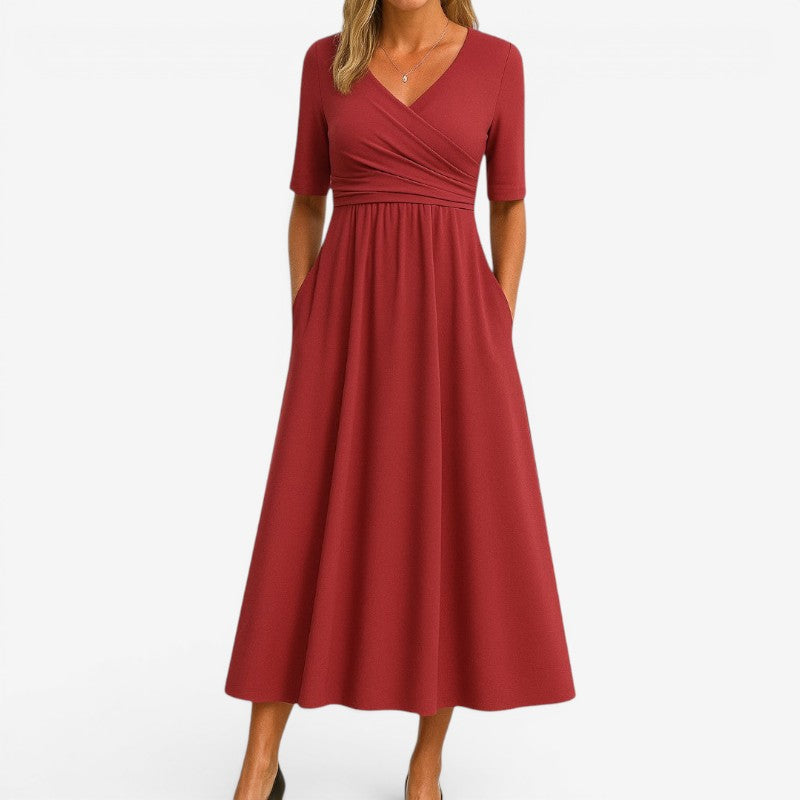 Women’s V-Neck Midi Dress Short Sleeve with Side Pockets