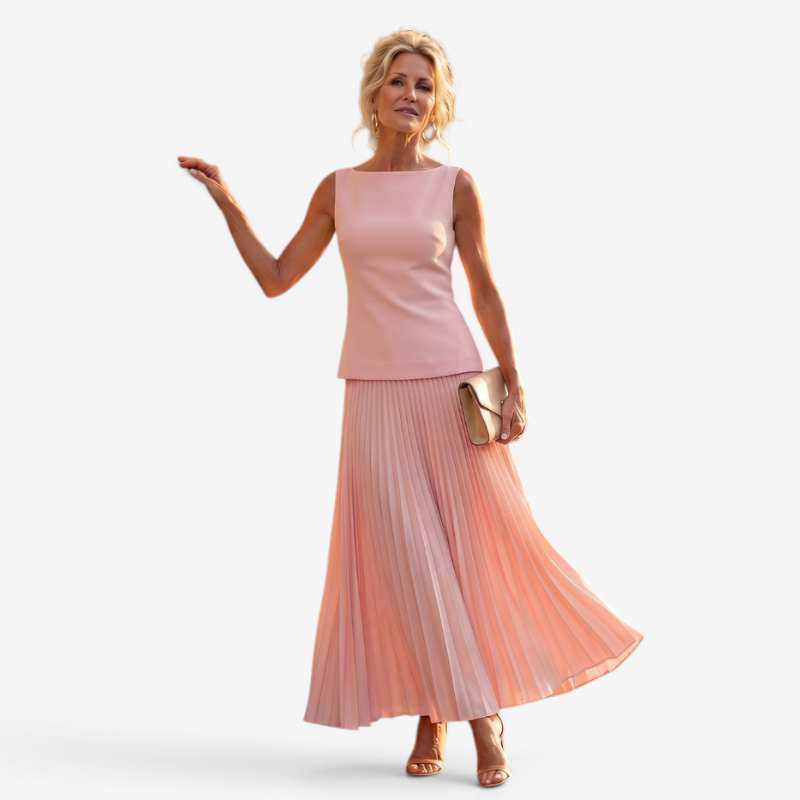 Elegant Women’s Pleated Skirt Set with Slash Neck