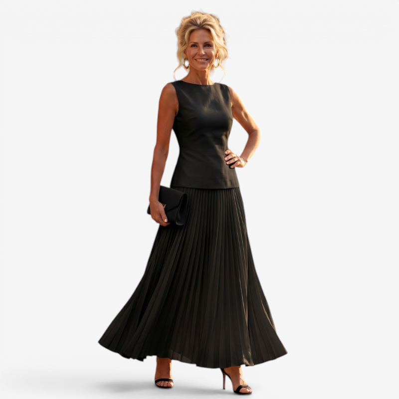 Elegant Women’s Pleated Skirt Set with Slash Neck
