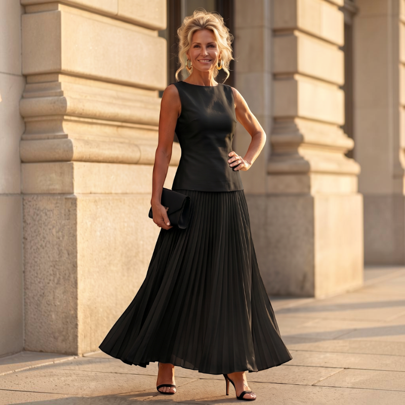 Elegant Women’s Pleated Skirt Set with Slash Neck