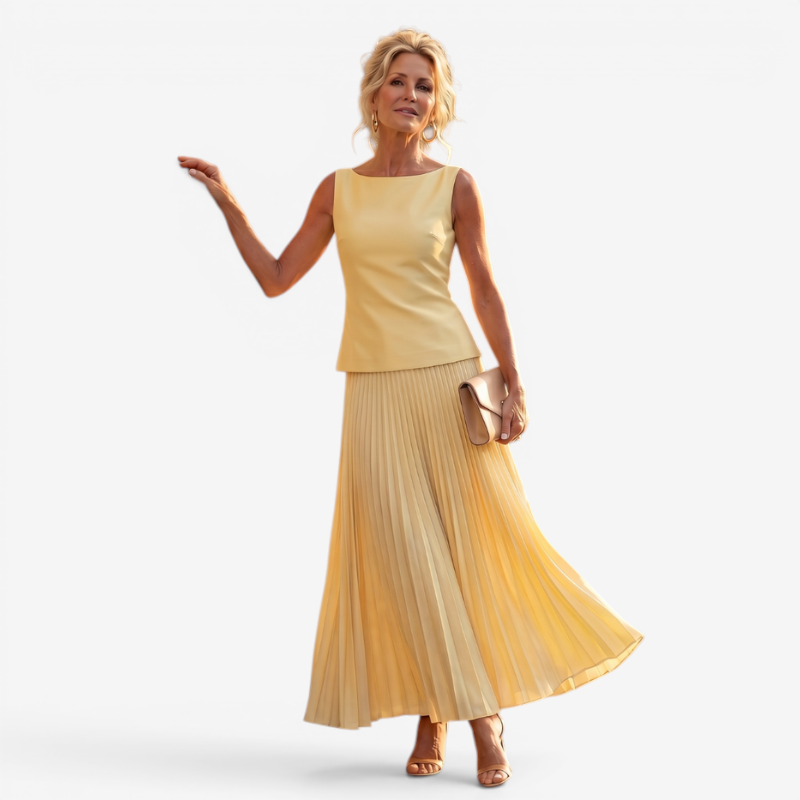 Elegant Women’s Pleated Skirt Set with Slash Neck