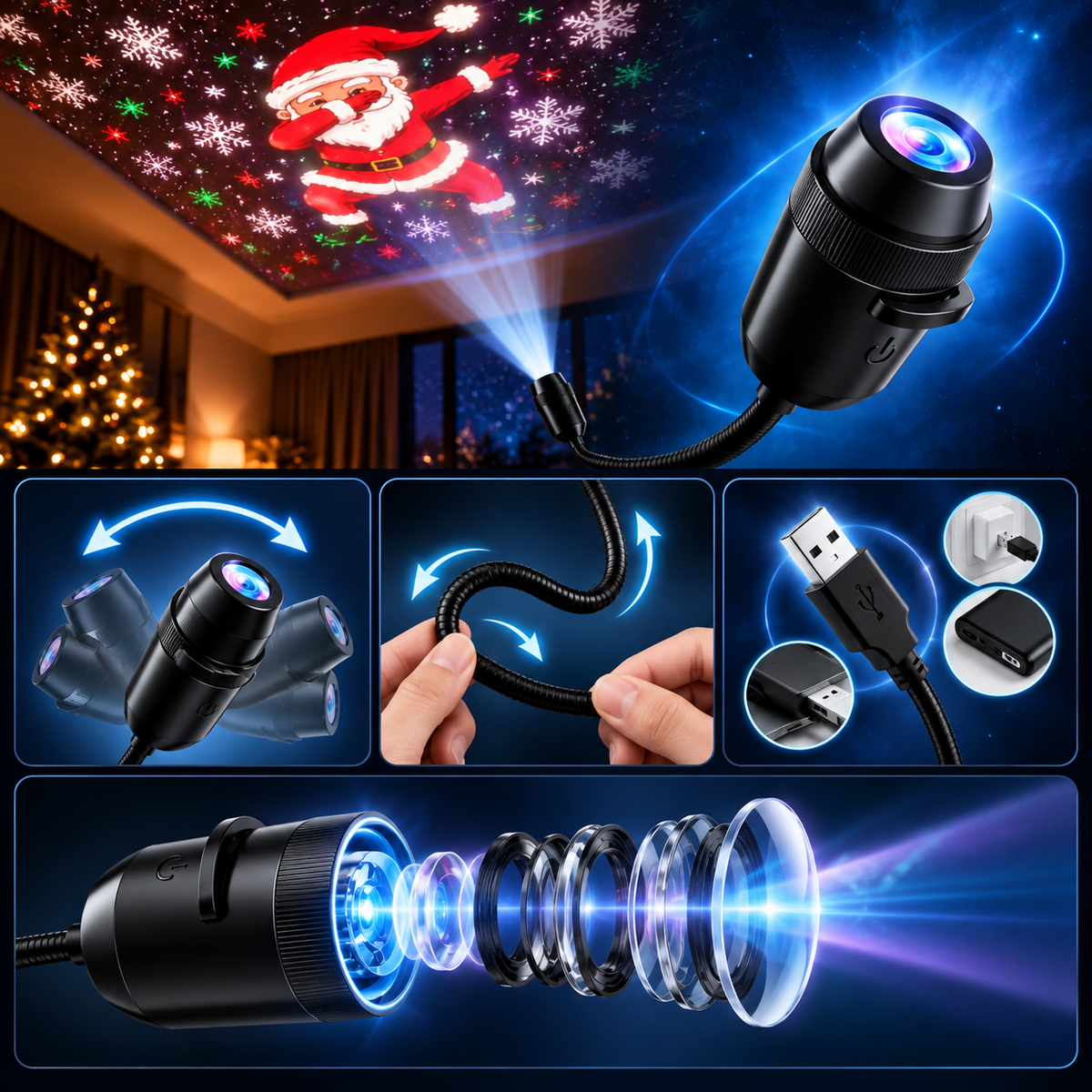 GlowMerry - USB LED Christmas Projector Lamp with Festive Patterns