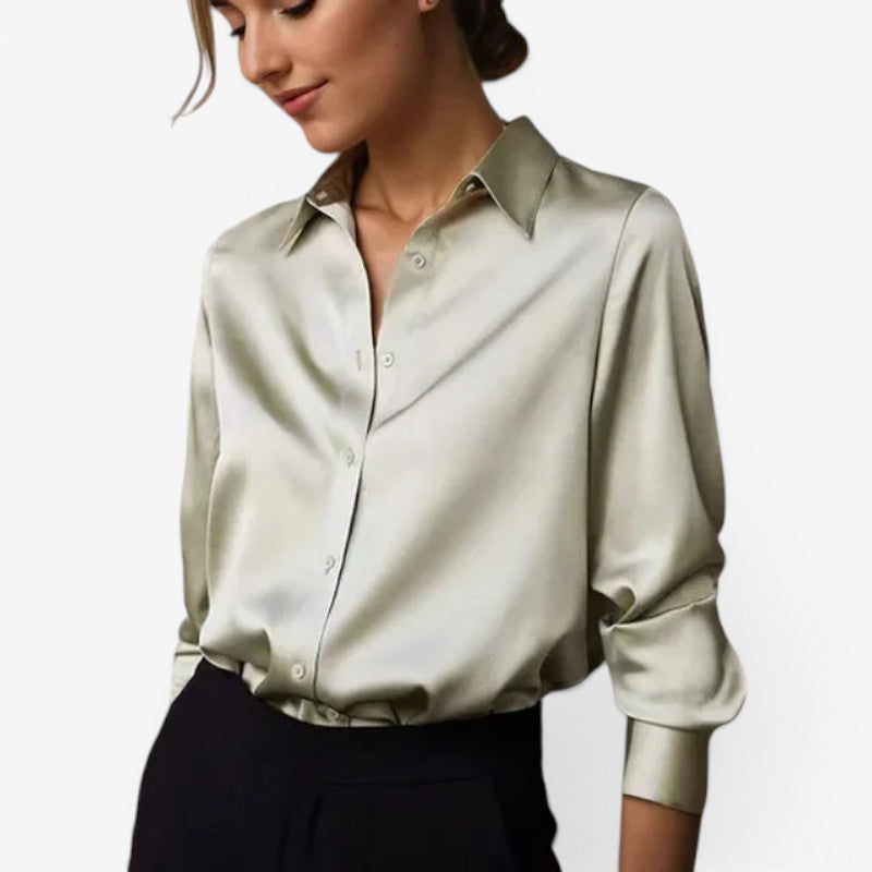 Women’s Satin Finish Button Front Blouse Long Sleeve