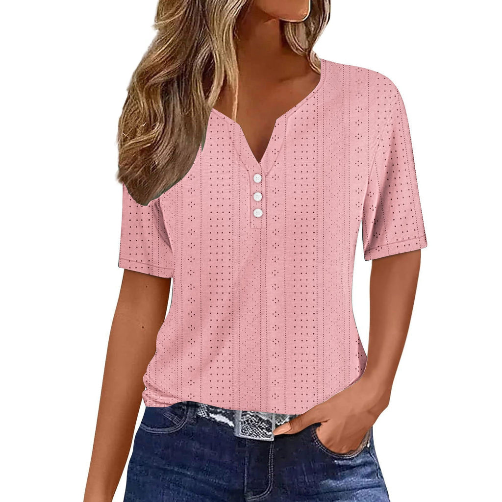 Laura – Korte Mouwen Blouse met V-Hals en Knopen Velani