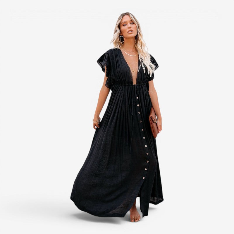 Women’s Maxi Dress V Neck Button Front