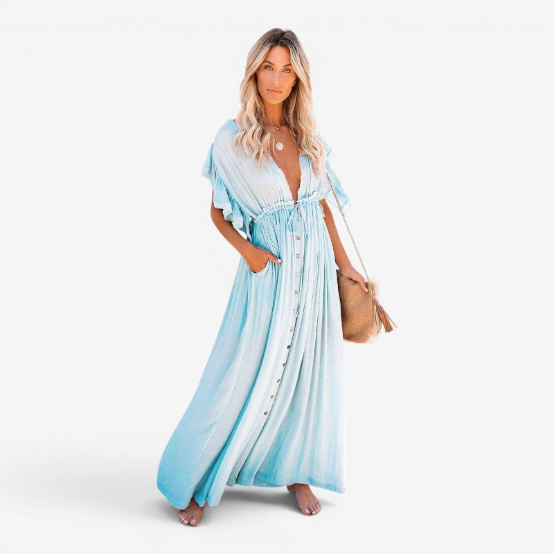 Women’s Maxi Dress V Neck Button Front