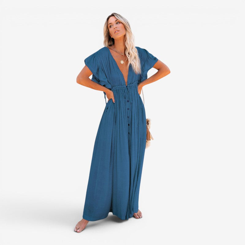 Women’s Maxi Dress V Neck Button Front