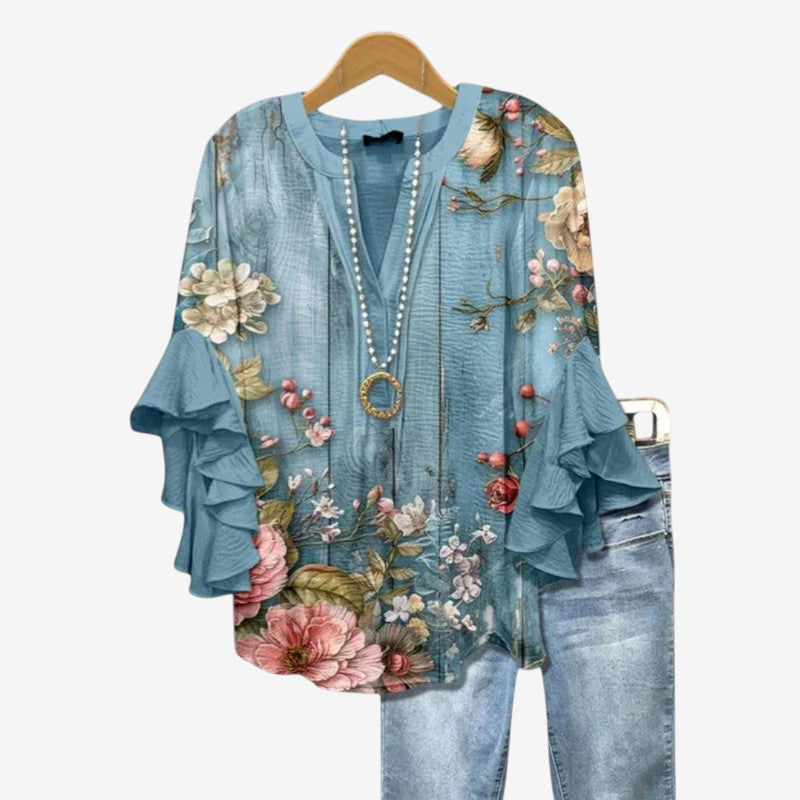 Elegant Women's Printed Blouse with Deep V Neck
