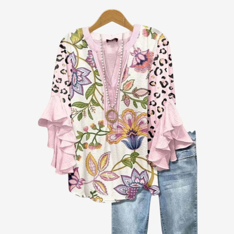 Elegant Women's Printed Blouse with Deep V Neck
