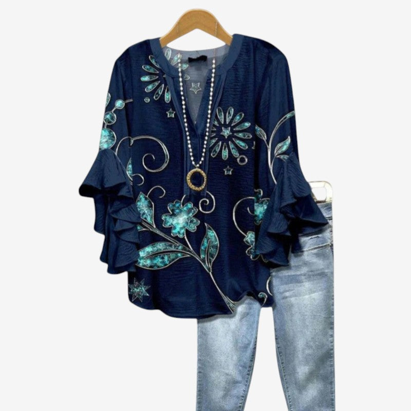 Elegant Women's Printed Blouse with Deep V Neck
