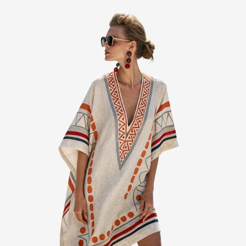 Chic Bohemian Midi Dress with Short Sleeves