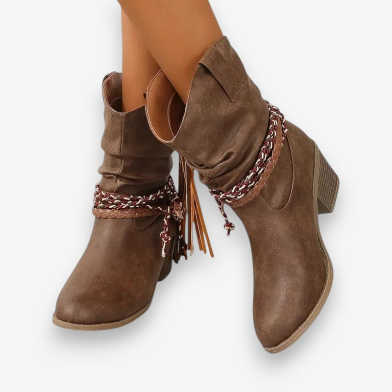 Chloe – Round Toe Boots With Braided Wraps Design