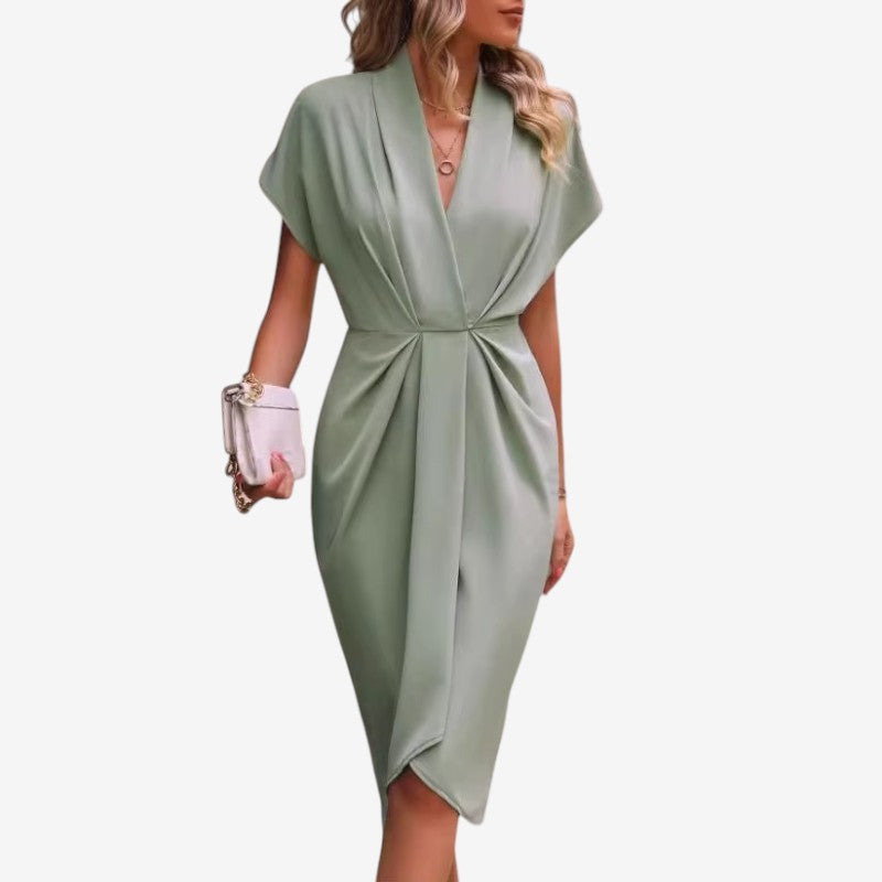Women's Elegant Midi Dress with V-Neck and Twisted Waist