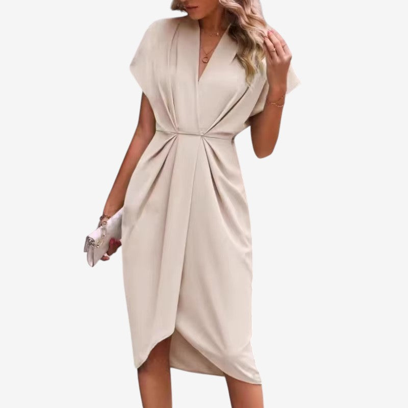 Women's Elegant Midi Dress with V-Neck and Twisted Waist