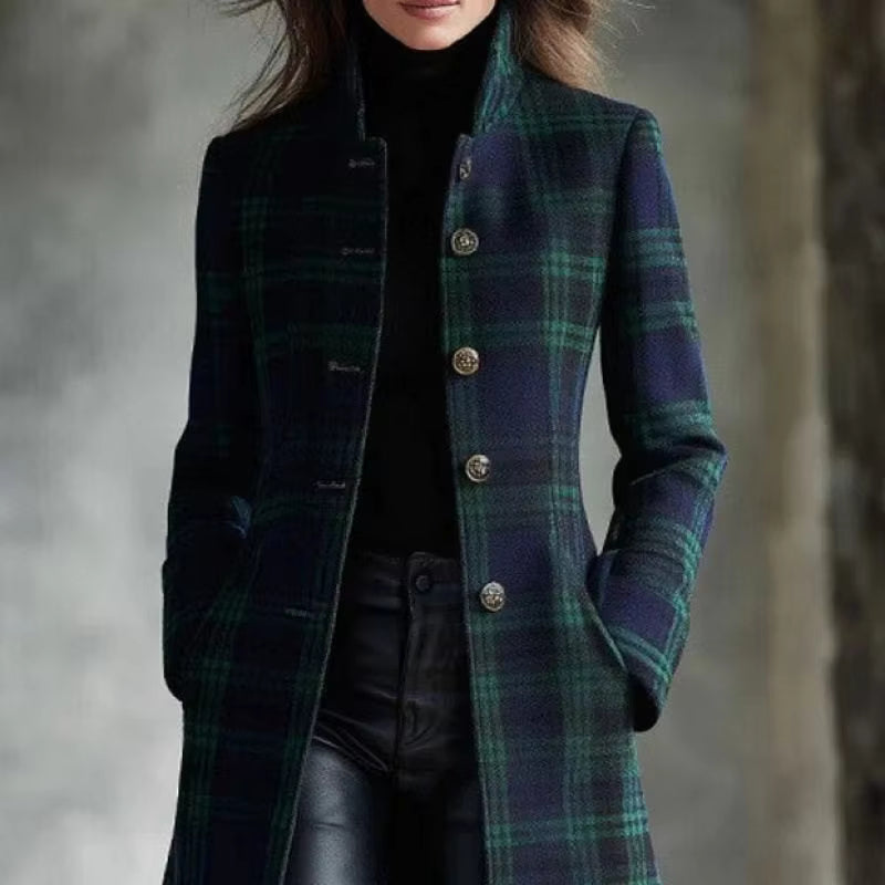 Plaivex - Structured Plaid Coat with Button Closure