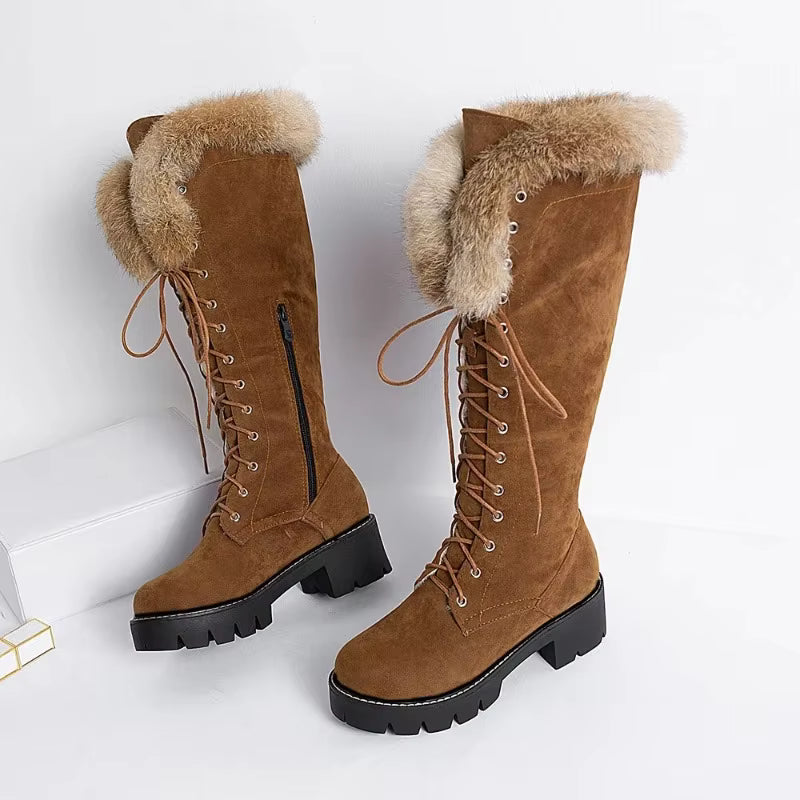 Furlace - Lace-Up High Boots with Foldable Fur Collar