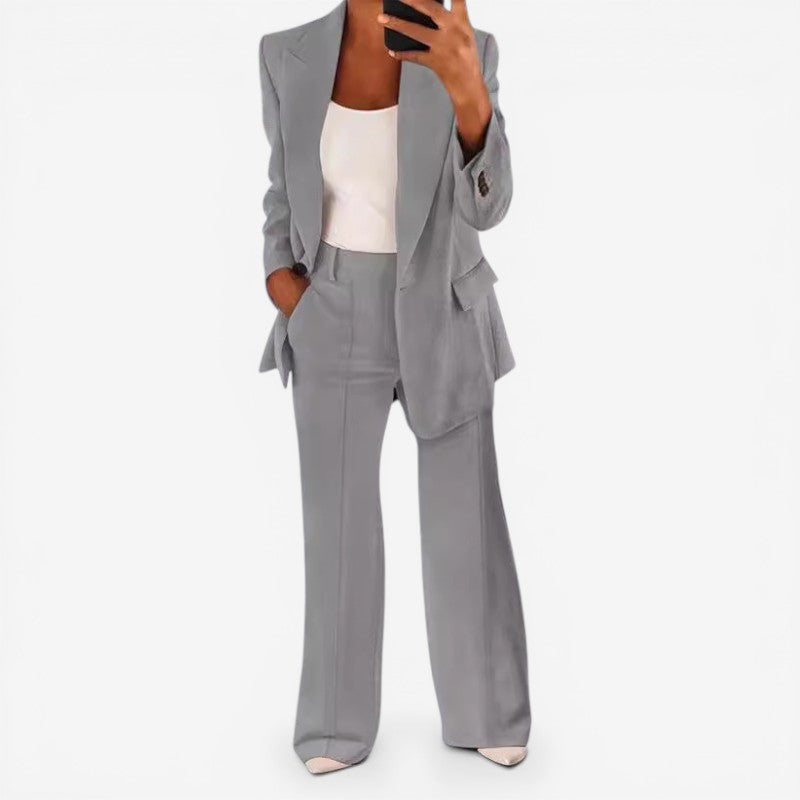 Women Blazer & Tailored Trousers Set One Button Closure