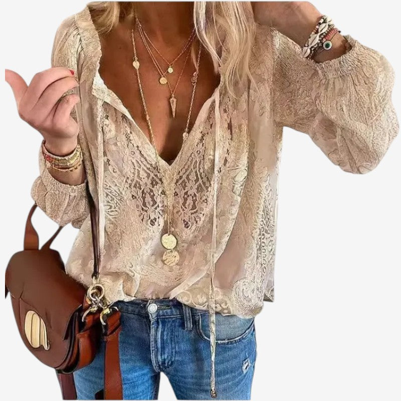 Women's Long Sleeve Bohemian Lace Blouse V-Neck