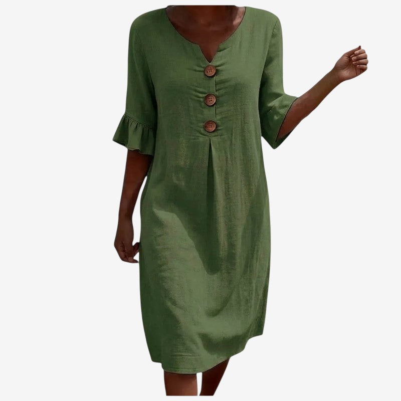 Stylish Women's V Neck Midi Dress with Button Front